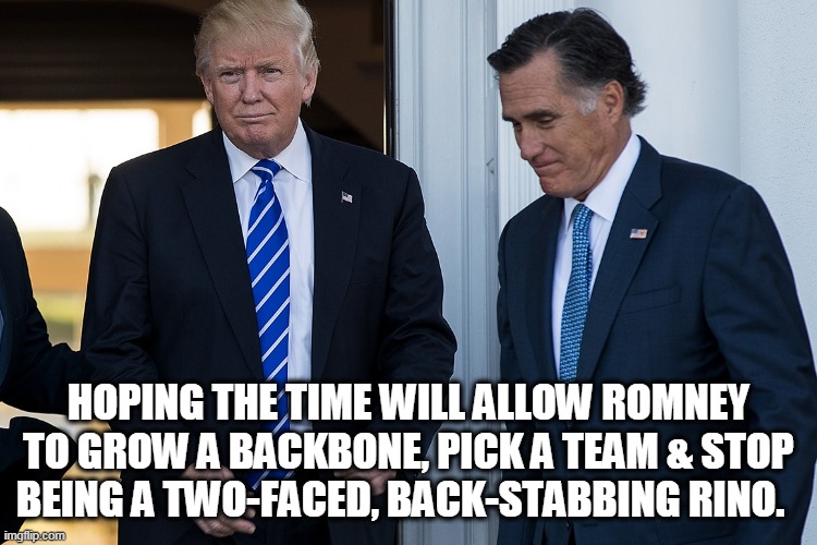 HOPING THE TIME WILL ALLOW ROMNEY TO GROW A BACKBONE, PICK A TEAM & STOP BEING A TWO-FACED, BACK-STABBING RINO. | made w/ Imgflip meme maker