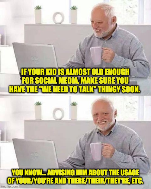 Hide the Pain Harold | IF YOUR KID IS ALMOST OLD ENOUGH FOR SOCIAL MEDIA, MAKE SURE YOU HAVE THE "WE NEED TO TALK" THINGY SOON. YOU KNOW… ADVISING HIM ABOUT THE USAGE OF YOUR/YOU'RE AND THERE/THEIR/THEY'RE, ETC. | image tagged in memes,hide the pain harold | made w/ Imgflip meme maker