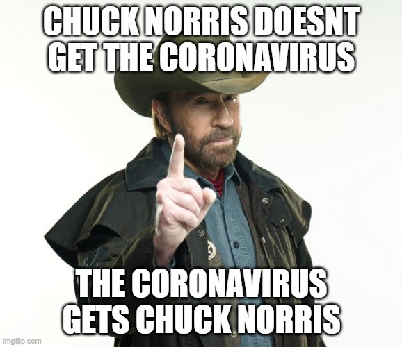 Chuck Norris Finger Meme | CHUCK NORRIS DOESNT GET THE CORONAVIRUS; THE CORONAVIRUS GETS CHUCK NORRIS | image tagged in memes,chuck norris finger,chuck norris | made w/ Imgflip meme maker