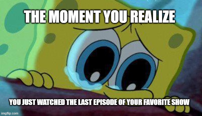 crying spongebob | THE MOMENT YOU REALIZE; YOU JUST WATCHED THE LAST EPISODE OF YOUR FAVORITE SHOW | image tagged in crying spongebob | made w/ Imgflip meme maker