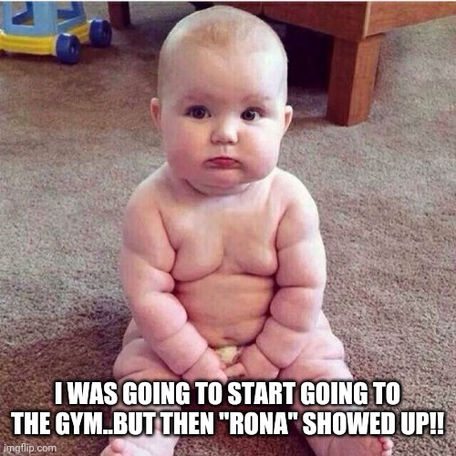 fat baby |  I WAS GOING TO START GOING TO THE GYM..BUT THEN "RONA" SHOWED UP!! | image tagged in fat baby | made w/ Imgflip meme maker