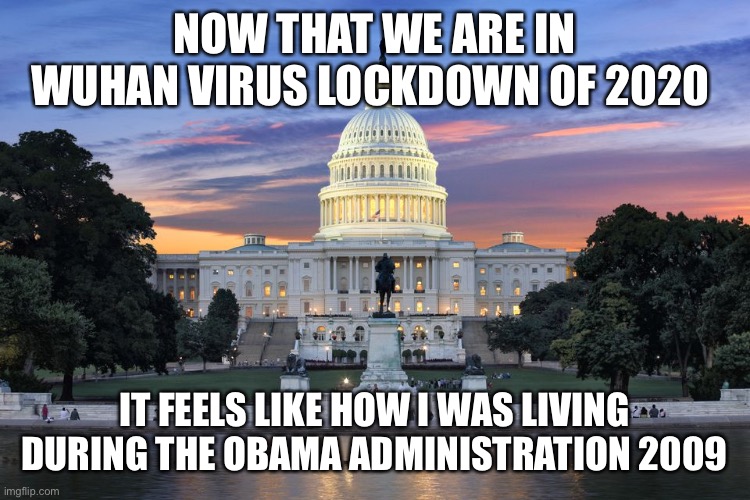 Washington DC swamp | NOW THAT WE ARE IN WUHAN VIRUS LOCKDOWN OF 2020; IT FEELS LIKE HOW I WAS LIVING DURING THE OBAMA ADMINISTRATION 2009 | image tagged in washington dc swamp | made w/ Imgflip meme maker