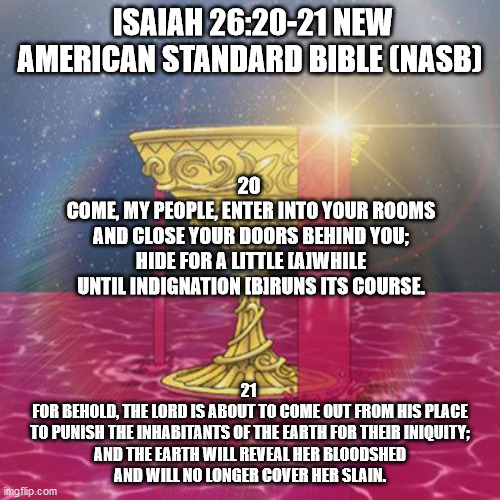ISAIAH 26:20-21 NEW AMERICAN STANDARD BIBLE (NASB); 20 
COME, MY PEOPLE, ENTER INTO YOUR ROOMS
AND CLOSE YOUR DOORS BEHIND YOU;
HIDE FOR A LITTLE [A]WHILE
UNTIL INDIGNATION [B]RUNS ITS COURSE. 21 
FOR BEHOLD, THE LORD IS ABOUT TO COME OUT FROM HIS PLACE
TO PUNISH THE INHABITANTS OF THE EARTH FOR THEIR INIQUITY;
AND THE EARTH WILL REVEAL HER BLOODSHED
AND WILL NO LONGER COVER HER SLAIN. | image tagged in quotable | made w/ Imgflip meme maker