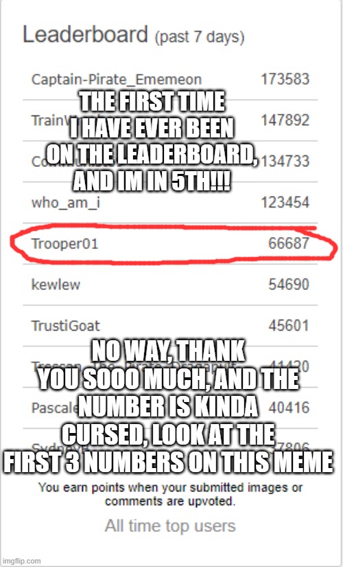 THE FIRST TIME I HAVE EVER BEEN ON THE LEADERBOARD, AND IM IN 5TH!!! NO WAY, THANK YOU SOOO MUCH, AND THE NUMBER IS KINDA CURSED, LOOK AT THE FIRST 3 NUMBERS ON THIS MEME | made w/ Imgflip meme maker