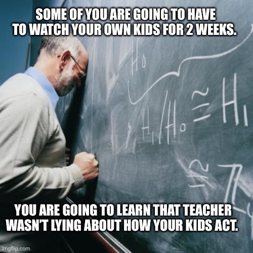 Sad Teacher | SOME OF YOU ARE GOING TO HAVE TO WATCH YOUR OWN KIDS FOR 2 WEEKS. YOU ARE GOING TO LEARN THAT TEACHER WASN’T LYING ABOUT HOW YOUR KIDS ACT. | image tagged in sad teacher | made w/ Imgflip meme maker