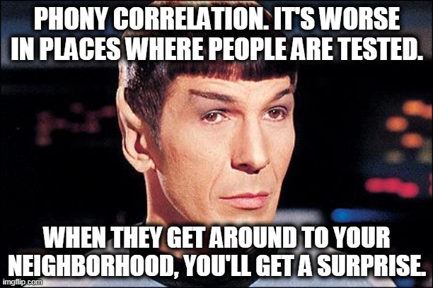 Condescending Spock | PHONY CORRELATION. IT'S WORSE IN PLACES WHERE PEOPLE ARE TESTED. WHEN THEY GET AROUND TO YOUR NEIGHBORHOOD, YOU'LL GET A SURPRISE. | image tagged in condescending spock | made w/ Imgflip meme maker