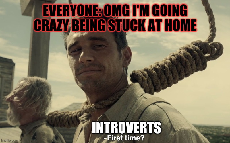 first time | EVERYONE: OMG I'M GOING CRAZY BEING STUCK AT HOME; INTROVERTS | image tagged in first time | made w/ Imgflip meme maker