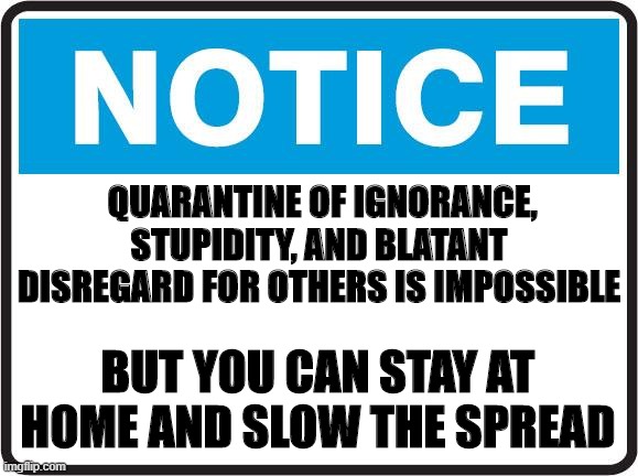 Notice | QUARANTINE OF IGNORANCE, STUPIDITY, AND BLATANT DISREGARD FOR OTHERS IS IMPOSSIBLE; BUT YOU CAN STAY AT HOME AND SLOW THE SPREAD | image tagged in notice | made w/ Imgflip meme maker