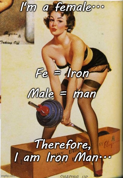 Iron Man... | I'm a female... Fe = Iron; Male = man; Therefore, I am Iron Man... | image tagged in female,iron man,common sense | made w/ Imgflip meme maker