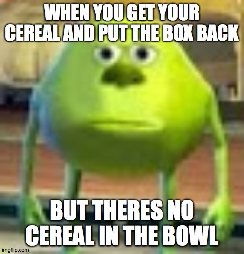 Sully Wazowski | WHEN YOU GET YOUR CEREAL AND PUT THE BOX BACK; BUT THERES NO CEREAL IN THE BOWL | image tagged in sully wazowski | made w/ Imgflip meme maker