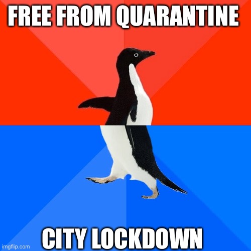 Socially Awesome Awkward Penguin | FREE FROM QUARANTINE; CITY LOCKDOWN | image tagged in memes,socially awesome awkward penguin | made w/ Imgflip meme maker