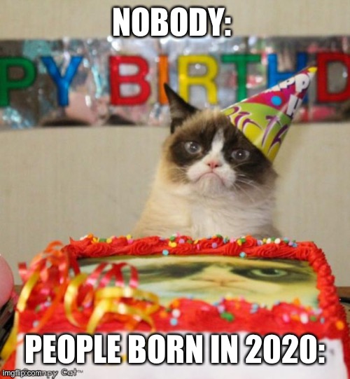 Grumpy Cat Birthday | NOBODY:; PEOPLE BORN IN 2020: | image tagged in memes,grumpy cat birthday,grumpy cat | made w/ Imgflip meme maker