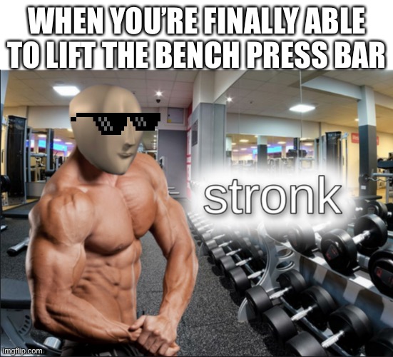 stronks | WHEN YOU’RE FINALLY ABLE TO LIFT THE BENCH PRESS BAR | image tagged in stronks | made w/ Imgflip meme maker