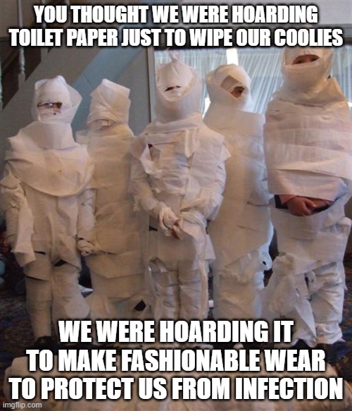 Being Creatively Fashionable While Protecting Yourself In The Midst of A Global Pandemic | YOU THOUGHT WE WERE HOARDING TOILET PAPER JUST TO WIPE OUR COOLIES; WE WERE HOARDING IT TO MAKE FASHIONABLE WEAR TO PROTECT US FROM INFECTION | image tagged in coronavirus,pandemic,trump,no more toilet paper,politics,maga | made w/ Imgflip meme maker