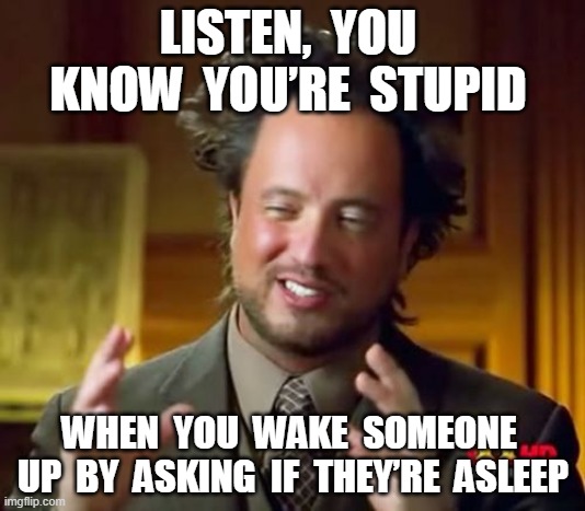 Ancient Aliens Meme | LISTEN,  YOU  KNOW  YOU’RE  STUPID; WHEN  YOU  WAKE  SOMEONE  UP  BY  ASKING  IF  THEY’RE  ASLEEP | image tagged in memes,ancient aliens | made w/ Imgflip meme maker