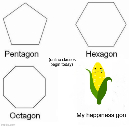 Pentagon Hexagon Octagon Meme | (online classes begin today); My happiness gon | image tagged in memes,pentagon hexagon octagon | made w/ Imgflip meme maker