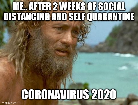Cast away | ME.. AFTER 2 WEEKS OF SOCIAL DISTANCING AND SELF QUARANTINE; CORONAVIRUS 2020 | image tagged in cast away | made w/ Imgflip meme maker