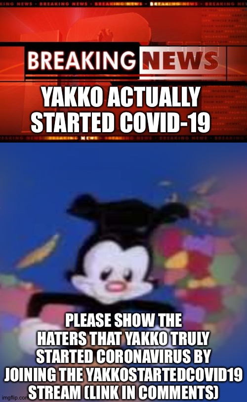 YAKKO ACTUALLY STARTED COVID-19; PLEASE SHOW THE HATERS THAT YAKKO TRULY STARTED CORONAVIRUS BY JOINING THE YAKKOSTARTEDCOVID19 STREAM (LINK IN COMMENTS) | image tagged in breaking news,yakko | made w/ Imgflip meme maker