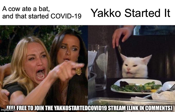 Woman Yelling At Cat Meme | A cow ate a bat, and that started COVID-19; Yakko Started It; FEEL FREE TO JOIN THE YAKKOSTARTEDCOVID19 STREAM (LINK IN COMMENTS) | image tagged in memes,woman yelling at cat | made w/ Imgflip meme maker