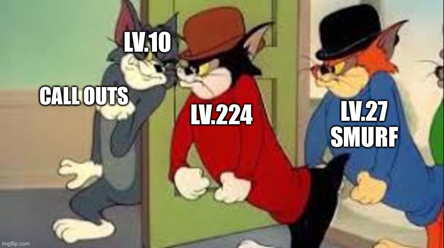 Tom and Jerry Goons | LV.10; LV.27 SMURF; CALL OUTS; LV.224 | image tagged in tom and jerry goons | made w/ Imgflip meme maker