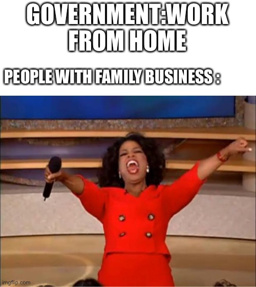 Oprah You Get A Meme | GOVERNMENT:WORK FROM HOME; PEOPLE WITH FAMILY BUSINESS : | image tagged in memes,oprah you get a | made w/ Imgflip meme maker