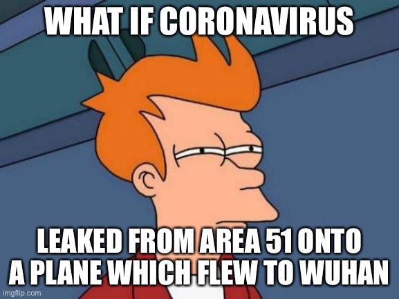 Futurama Fry Meme | WHAT IF CORONAVIRUS; LEAKED FROM AREA 51 ONTO A PLANE WHICH FLEW TO WUHAN | image tagged in memes,futurama fry | made w/ Imgflip meme maker