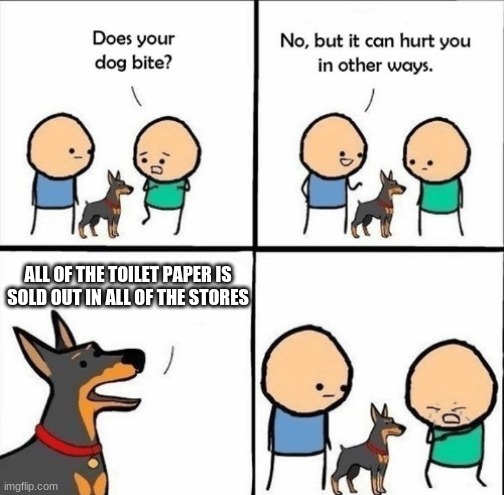 does your dog bite | ALL OF THE TOILET PAPER IS SOLD OUT IN ALL OF THE STORES | image tagged in does your dog bite | made w/ Imgflip meme maker