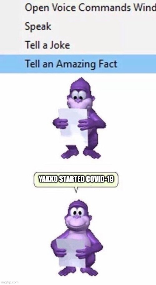 Tell an Amazing Fact | YAKKO STARTED COVID-19 | image tagged in tell an amazing fact | made w/ Imgflip meme maker