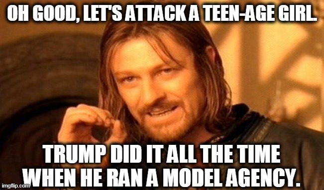 One Does Not Simply Meme | OH GOOD, LET'S ATTACK A TEEN-AGE GIRL. TRUMP DID IT ALL THE TIME WHEN HE RAN A MODEL AGENCY. | image tagged in memes,one does not simply | made w/ Imgflip meme maker