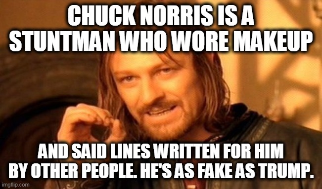 One Does Not Simply Meme | CHUCK NORRIS IS A STUNTMAN WHO WORE MAKEUP AND SAID LINES WRITTEN FOR HIM BY OTHER PEOPLE. HE'S AS FAKE AS TRUMP. | image tagged in memes,one does not simply | made w/ Imgflip meme maker