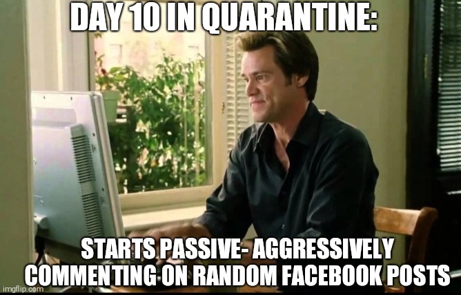 DAY 10 IN QUARANTINE:; STARTS PASSIVE- AGGRESSIVELY COMMENTING ON RANDOM FACEBOOK POSTS | image tagged in quarantine,coronavirus | made w/ Imgflip meme maker