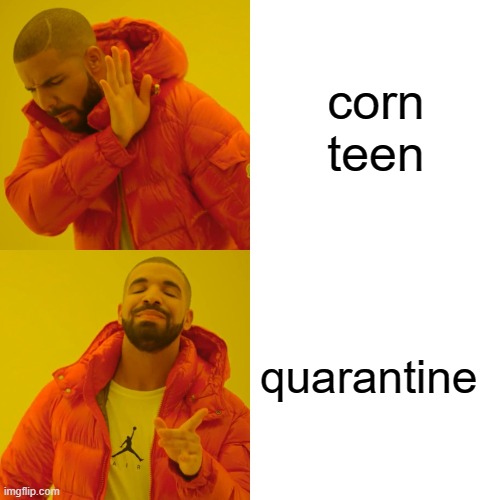corn teen | corn teen; quarantine | image tagged in memes,drake hotline bling | made w/ Imgflip meme maker