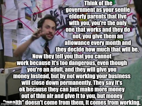 Charlie Day | Think of the government as your senile elderly parents that live with you, you're the only one that works and they do not, you give them an allowance every month and they decide how much that will be. Now they tell you that you cannot work because it's too dangerous, even though you're an adult, and they will give you money instead, but by not working your business will close down permanently. They say it's ok because they can just make more money out of thin air and give it to you, but money "wealth" doesn't come from them, it comes from working. | image tagged in charlie day | made w/ Imgflip meme maker