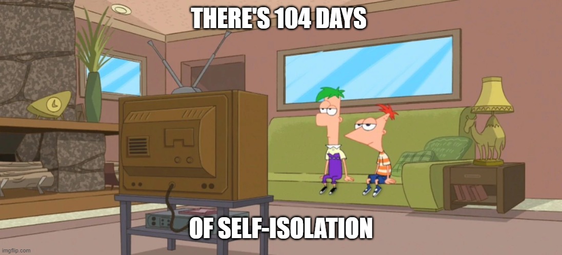  THERE'S 104 DAYS; OF SELF-ISOLATION | image tagged in coronavirus,corona virus,social distancing,phineas and ferb | made w/ Imgflip meme maker