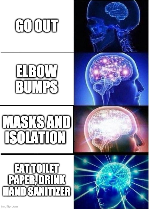 Expanding Brain | GO OUT; ELBOW BUMPS; MASKS AND ISOLATION; EAT TOILET PAPER, DRINK HAND SANITIZER | image tagged in memes,expanding brain | made w/ Imgflip meme maker