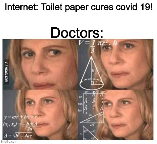 Thinking lady | Internet: Toilet paper cures covid 19! Doctors: | image tagged in thinking lady | made w/ Imgflip meme maker