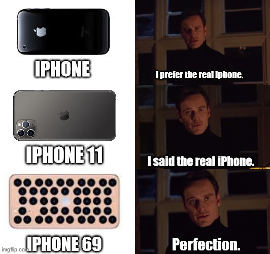 perfection | IPHONE; I prefer the real Iphone. IPHONE 11; I said the real iPhone. IPHONE 69; Perfection. | image tagged in perfection | made w/ Imgflip meme maker