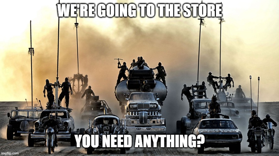 Mad Max | WE'RE GOING TO THE STORE; YOU NEED ANYTHING? | image tagged in mad max | made w/ Imgflip meme maker