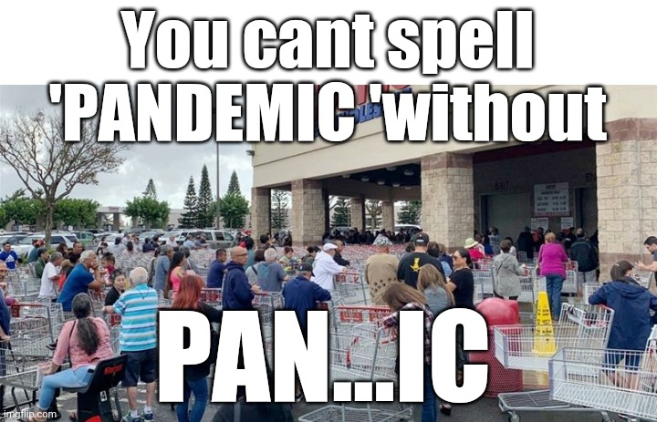 Pandemic | You cant spell 'PANDEMIC 'without; PAN...IC | image tagged in panic,spelling,covid-19,coronavirus,mob,fear | made w/ Imgflip meme maker