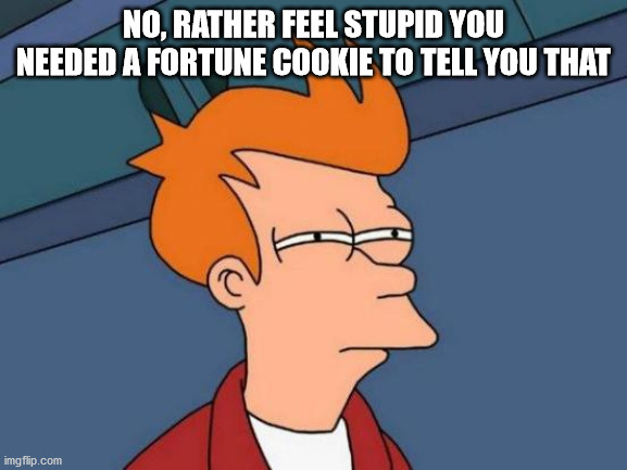 Futurama Fry Meme | NO, RATHER FEEL STUPID YOU NEEDED A FORTUNE COOKIE TO TELL YOU THAT | image tagged in memes,futurama fry | made w/ Imgflip meme maker