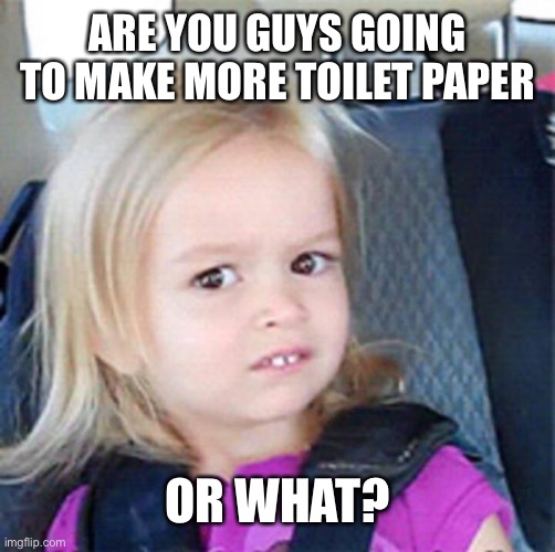 Confused Little Girl | ARE YOU GUYS GOING TO MAKE MORE TOILET PAPER; OR WHAT? | image tagged in confused little girl,tp shortage | made w/ Imgflip meme maker
