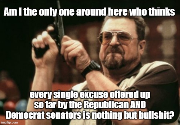 Am I The Only One Around Here Meme | Am I the only one around here who thinks every single excuse offered up so far by the Republican AND Democrat senators is nothing but bullsh | image tagged in memes,am i the only one around here | made w/ Imgflip meme maker