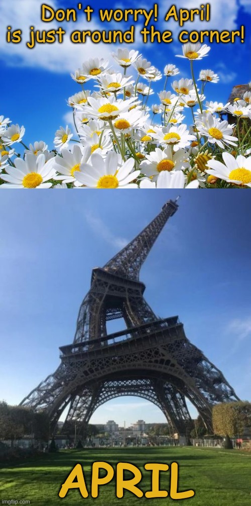 January, the stock market crashed.  February, we nearly had WWIII.  March gave us a virulent pandemic... |  Don't worry! April is just around the corner! APRIL | image tagged in spring daisy flowers,awful tower,2020 what's next | made w/ Imgflip meme maker