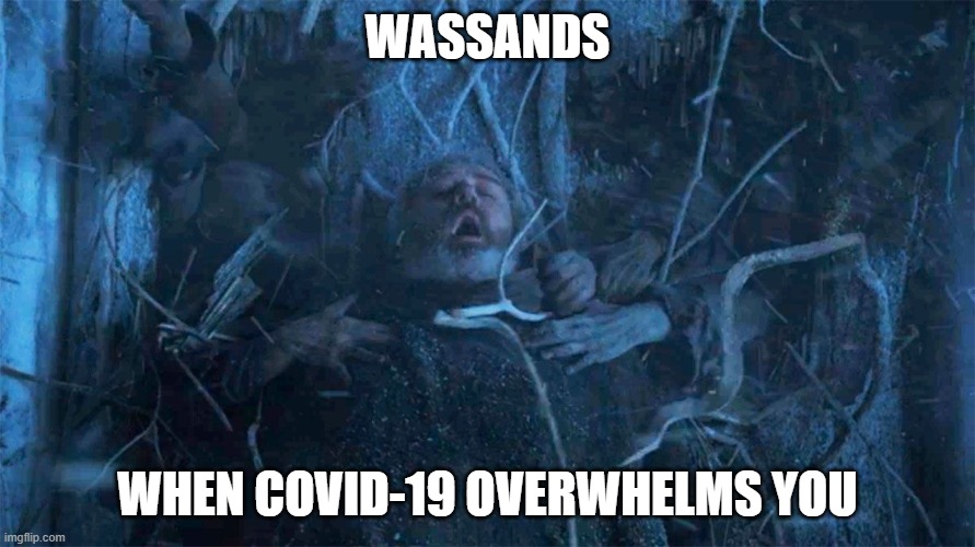 hodor death | WASSANDS; WHEN COVID-19 OVERWHELMS YOU | image tagged in hodor death | made w/ Imgflip meme maker