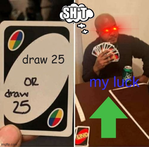 wait a minute, I don't have luck | SH*T; draw 25; my luck | image tagged in memes,uno draw 25 cards | made w/ Imgflip meme maker