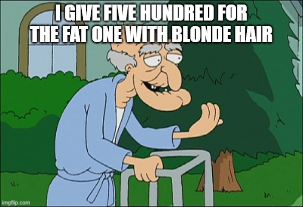 Old man family guy | I GIVE FIVE HUNDRED FOR THE FAT ONE WITH BLONDE HAIR | image tagged in old man family guy | made w/ Imgflip meme maker