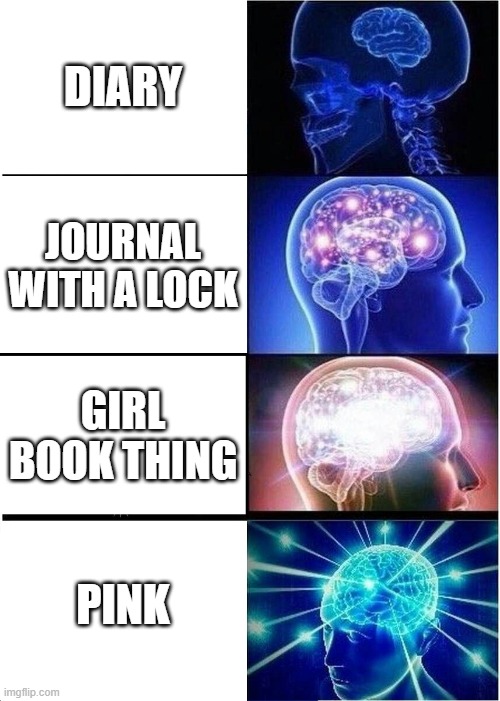 Expanding Brain | DIARY; JOURNAL WITH A LOCK; GIRL BOOK THING; PINK | image tagged in memes,expanding brain | made w/ Imgflip meme maker