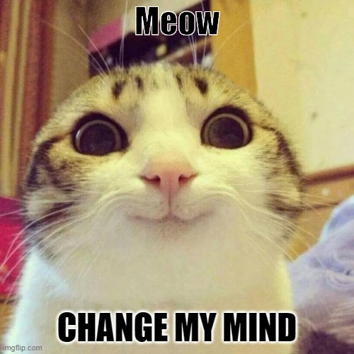 Smiling Cat Meme | Meow; CHANGE MY MIND | image tagged in memes,smiling cat | made w/ Imgflip meme maker