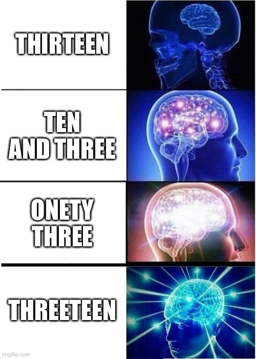 Expanding Brain | THIRTEEN; TEN AND THREE; ONETY THREE; THREETEEN | image tagged in memes,expanding brain | made w/ Imgflip meme maker