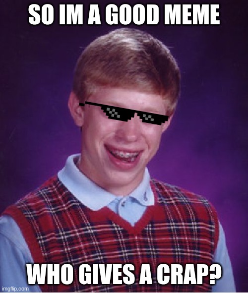 Bad Luck Brian | SO IM A GOOD MEME; WHO GIVES A CRAP? | image tagged in memes,bad luck brian | made w/ Imgflip meme maker